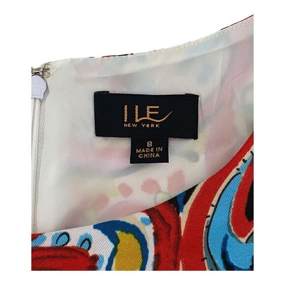 ILE New York Dress Size 8 Red Pink Blue Graphic Cap Sleeve Stretch - Picture 4 of 9